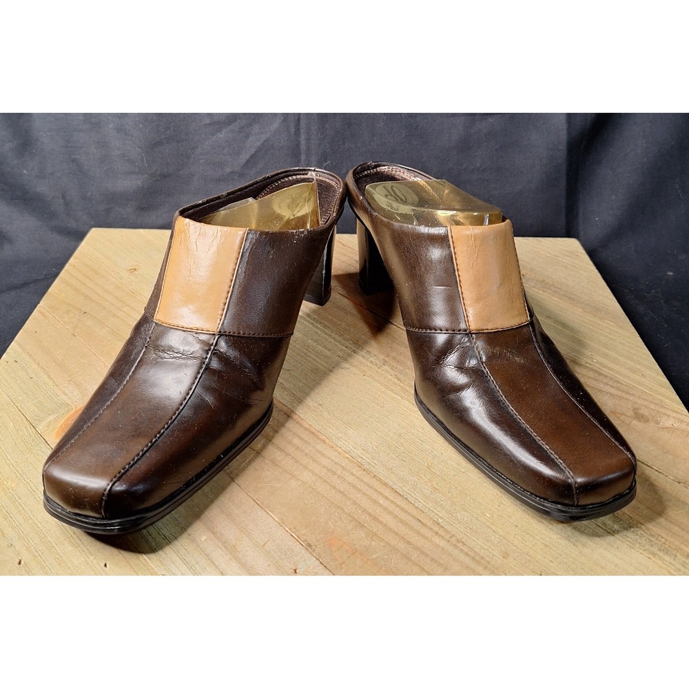 DL Kindra‎ Brown Tan Two Tone Square Toe Block Heel Mules Womens Size 7 M